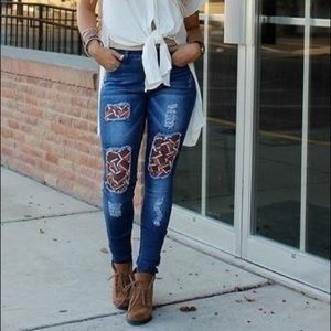 L&B Lucky and Blessed football patch skinny jeans